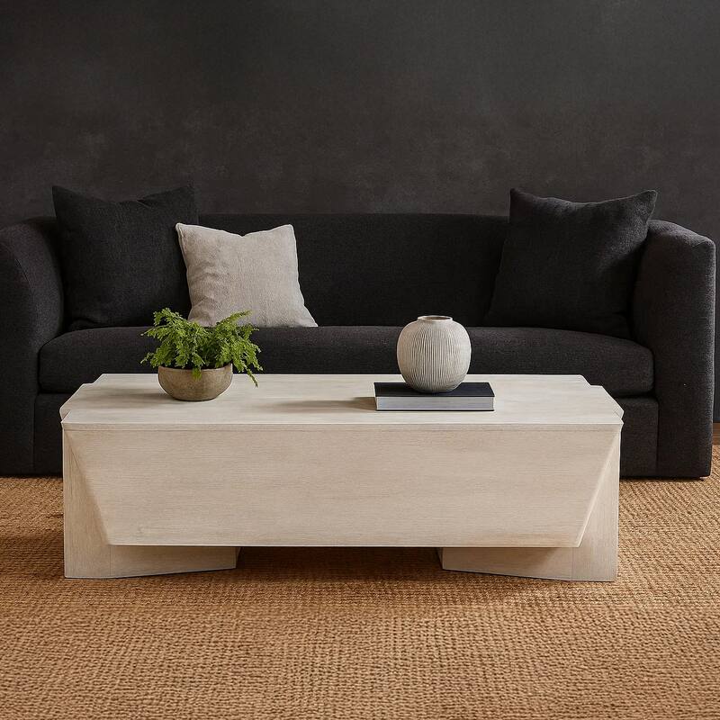 Joanie Coffee Table 45" Rectangular Biscotti White Handcrafted Mango Wood Solid Asymmetric Base