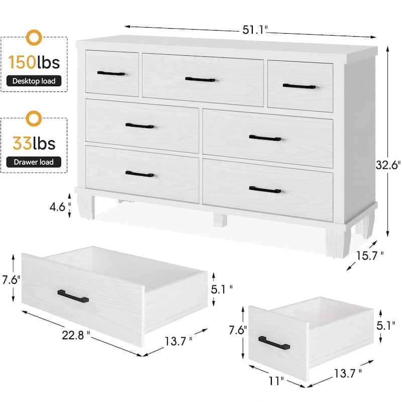 51" Wide Wooden Dresser Organizer with 7 Drawers