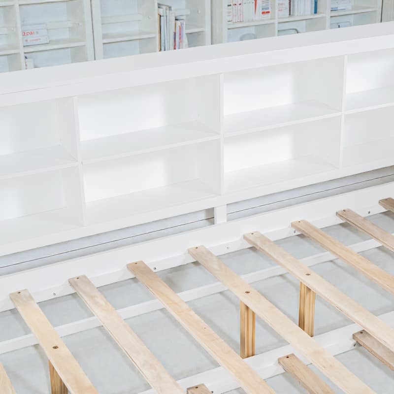 Twin/Full Wooden Daybed with Twin Trundle, Storage Shelf, USB Charging Ports, Slat Support, Space-Saving Design