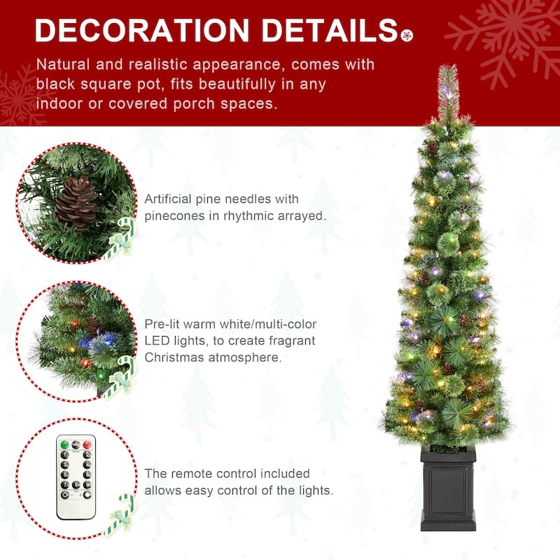 Glitzhome 5ft/6ft/7ft Pre-Lit Green Pine Christmas Potted Porch Tree with LED Lights and Remote Control