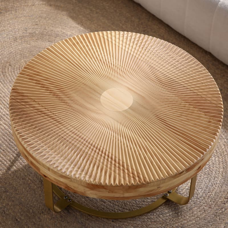 GDFStudio Calvion Round Pine Wood Coffee Table with Steel Frame and Carving Pattern