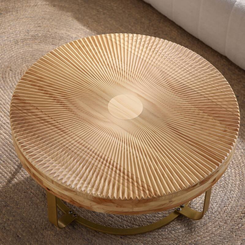 Modern Round Coffee Table Multifunctional Minimalist Coffee Table with Natural Pine Finish and Curved Frame, for Living Room‌