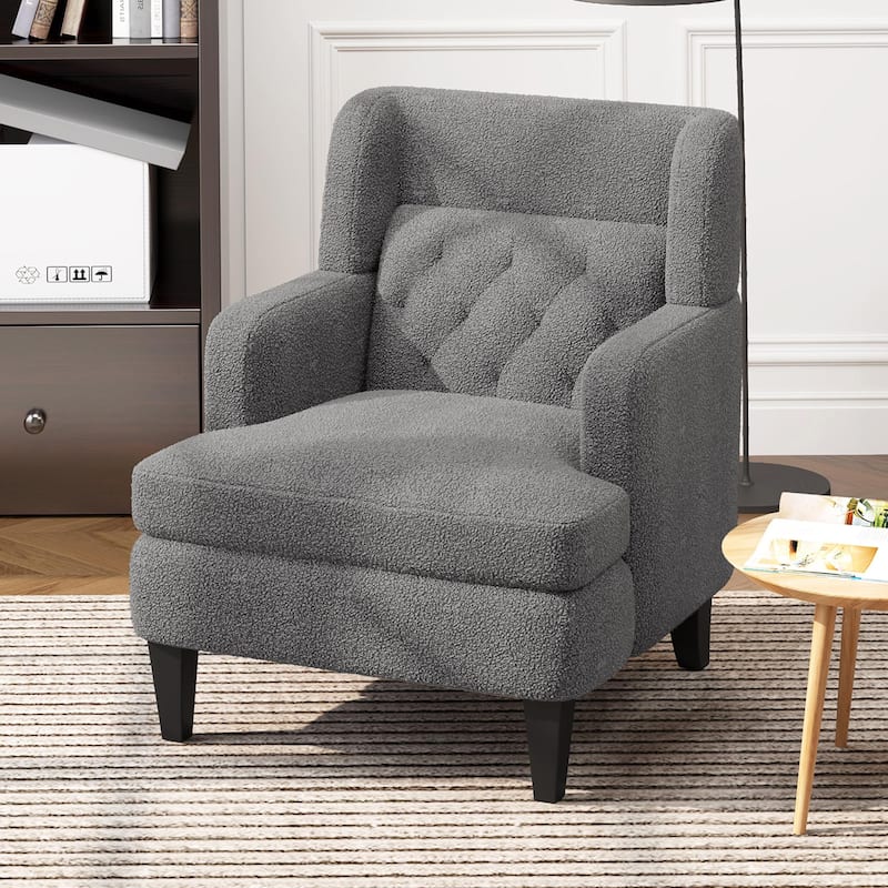 Dark Grey Modern 35.25" Upholstered Arm Chair with Birch Wood Legs amd Tufted Backrest for Living Room - Dark Grey
