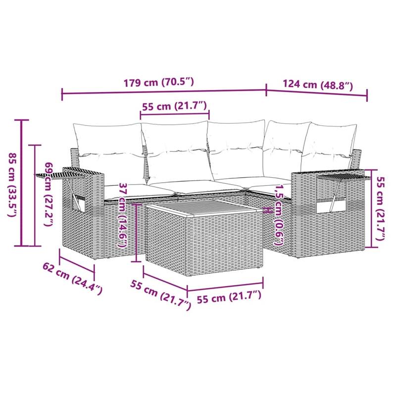 vidaXL Garden Sofa Set 5 Piece with Cushions Outdoor Sofa Set Poly Rattan - 21.7 x 21.7 x 14.6 in (W x L x H)