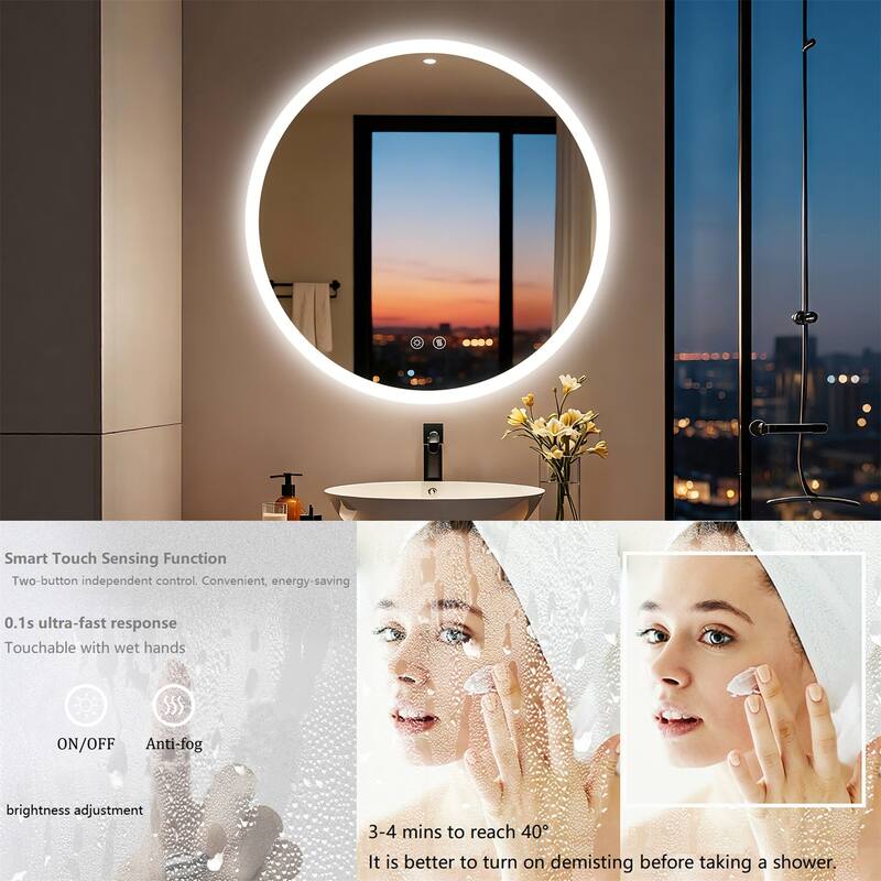 Backlit Round LED Lighted Bathroom Mirror Smart Touch Anti-Fog Wall Makeup Mirror with Aluminum Frame