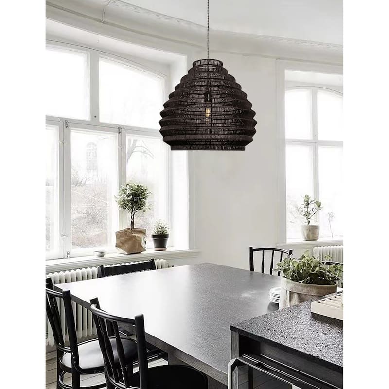 Modern Rattan Wicker Large Black Boho Pendant Light - 19" Wide