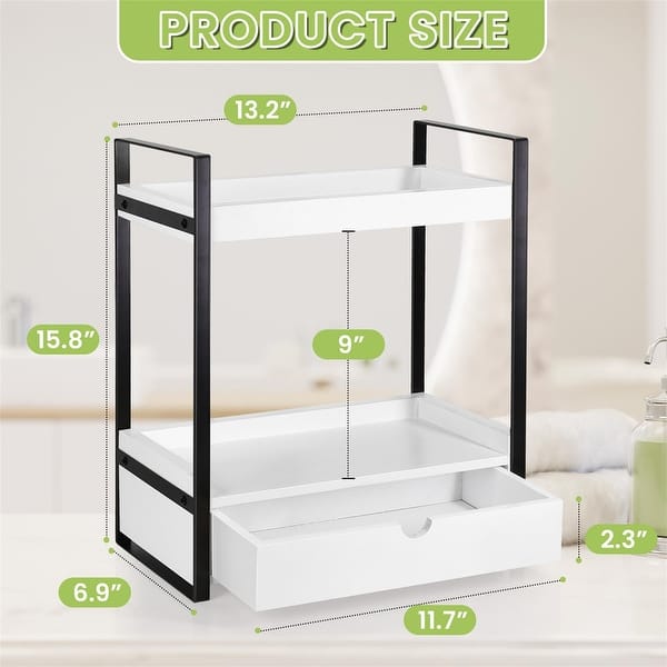 dimension image slide 2 of 3, 2-Tier Bathroom Organizer Countertop with Drawer - 6.9"D x 13.2"W x 15.8"H