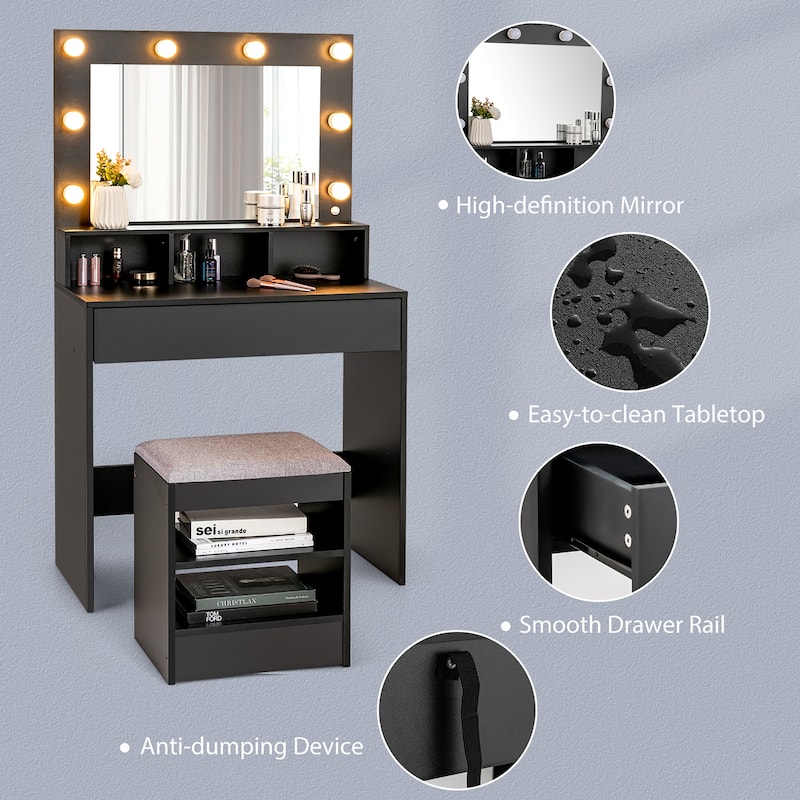 Costway Vanity Table Set with Lighted Mirror 8 LED Bulbs Large Drawer - See Details