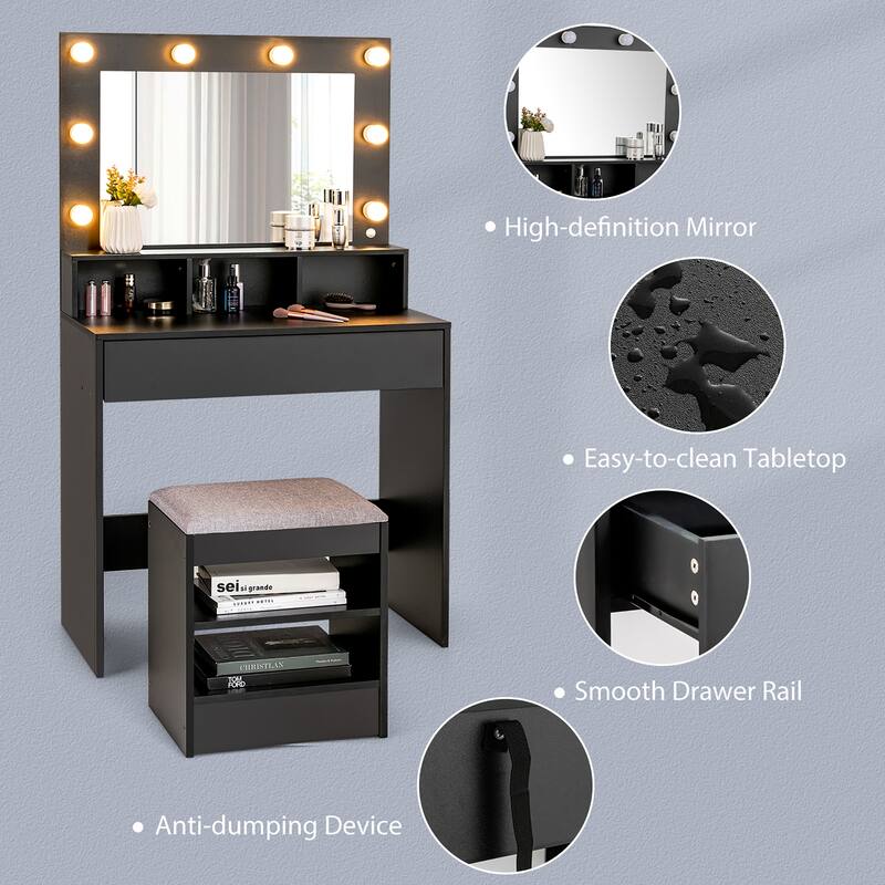 Vanity Table Set with Lighted Mirror Makeup Dressing Desk with Stool