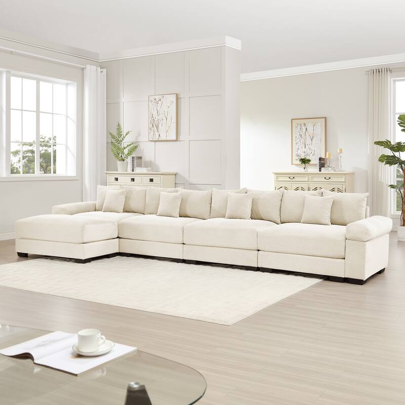 GDFStudio - Corduroy L-Shaped 4-Seater 167.6" Cloud Modular Sectional Couch with Ottoman