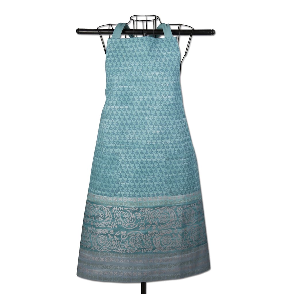 Neela Block Print Apron Cotton Hand Printed Kitchen Apron With 2 Pockets Halter Neck Ties Waist Ties, Blue