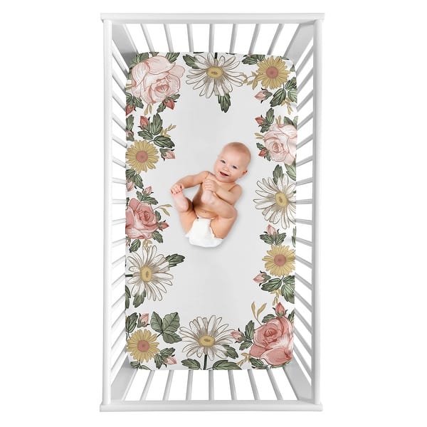 slide 2 of 2, Vintage Floral Boho Collection Girl Photo Op Fitted Crib Sheet - Blush Pink, Yellow and Green Shabby Chic Rose Flower Farmhouse