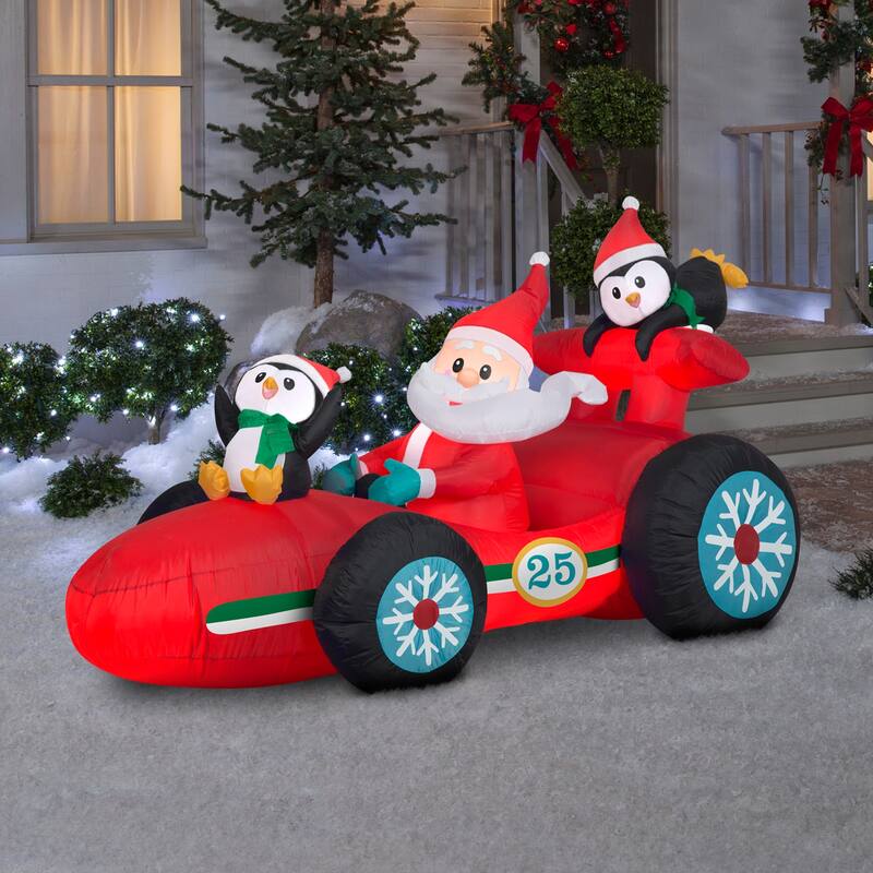 Gemmy Christmas Inflatable Santa in Racecar with Penguins, 4 ft Tall