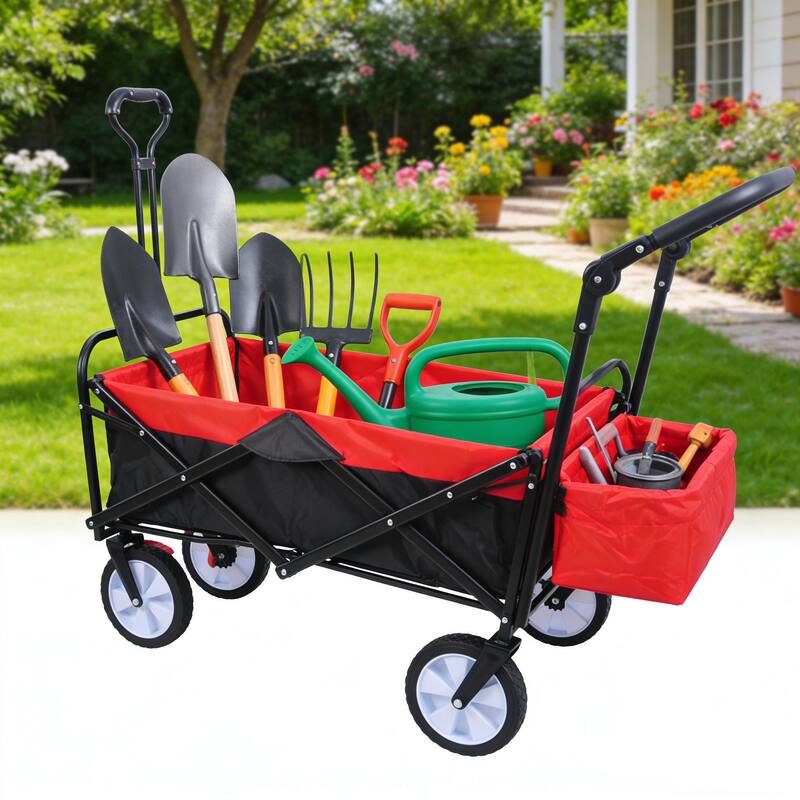 Anmytek Heavy Duty Folding Utility Wagon All Terrain Garden Beach Camping Grocery Cart Red Black