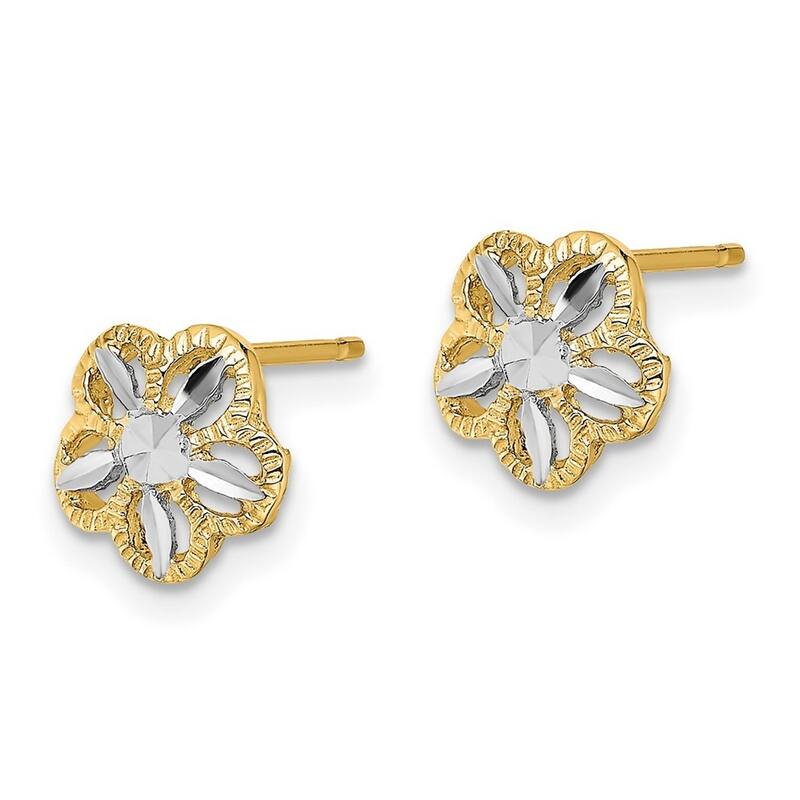 Curata 10k Yellow Gold Rhodium Sparkle Cut Flower Post Earrings - 7.9x7.9mm