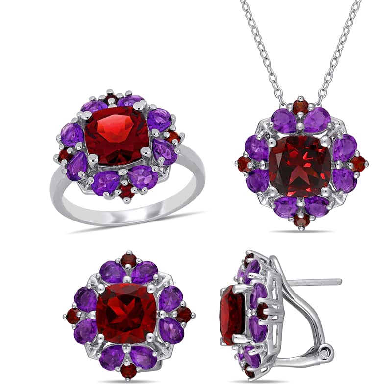 Miadora 17 3/4ct TGW Garnet African Amethyst Cluster Ring Necklace Earrings Set Sterling Silver