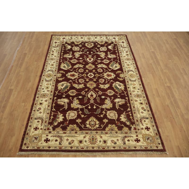 Hand Knotted Oriental 100% Wool Carpet Traditional All-Over Red Peshawar Area Rug - 9' 1'' X 6' 0''