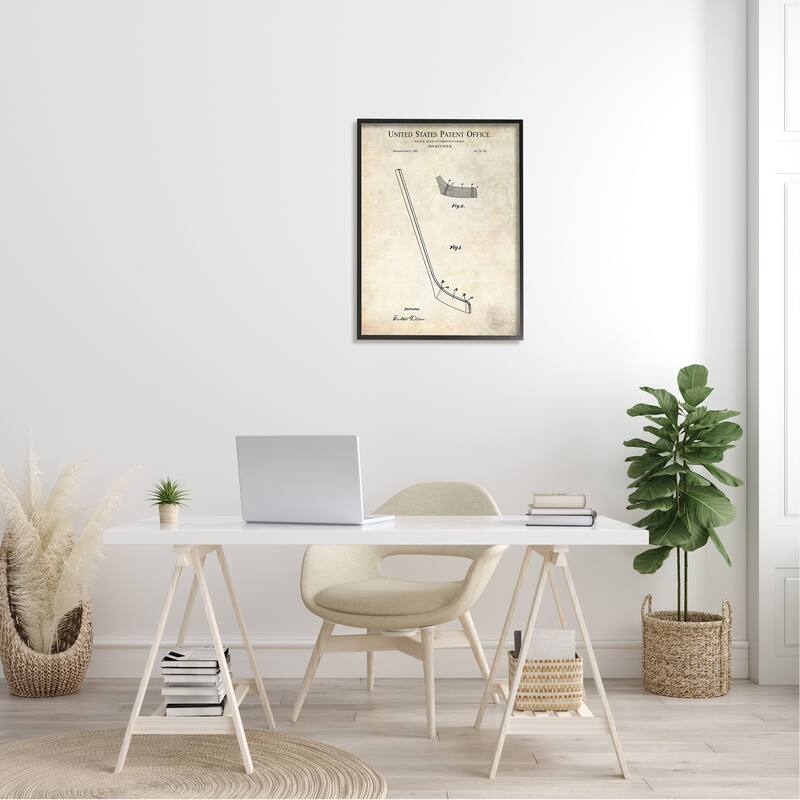 Stupell Vintage Hockey Stick Sports Diagram Patent Blueprint Framed Wall Art - Beige