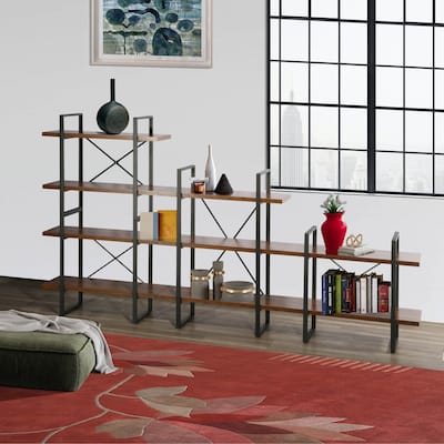 Antonietta Adjustable Antique Walnut Wood and Metal Display and Steel Etagere Bookcase - 57'' x 106'' x 12.52''
