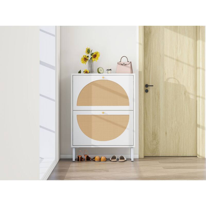Rattan Shoe Cabinet with 2 Flip Drawer, Freestanding Entryway Organizer, Shoe Rack with Metal Legs for Living Room, Hallway