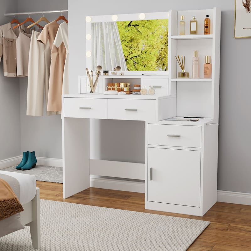 5 drawer 43.31 in. W Dresser Table with Mirror - White