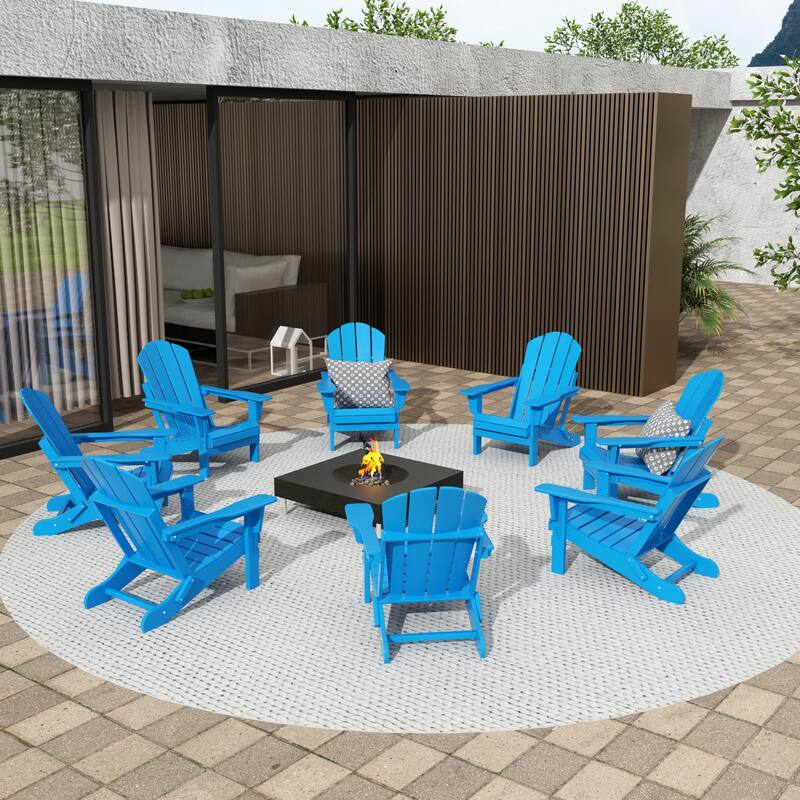 Polytrends Laguna Hdpe All Weather Outdoor Patio Foldable Adirondack Chairs (Set Of 8) - Pacific Blue
