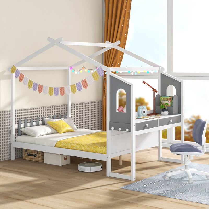 Gymax Full Size Kids House Bed w/ Study Desk & Removable Box Drawers