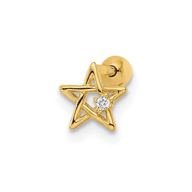 Curata 14k Yellow Gold 19g Internally Threaded Cubic Zirconia Star Labret Cartilage Stud (6.64x 10.2mm)