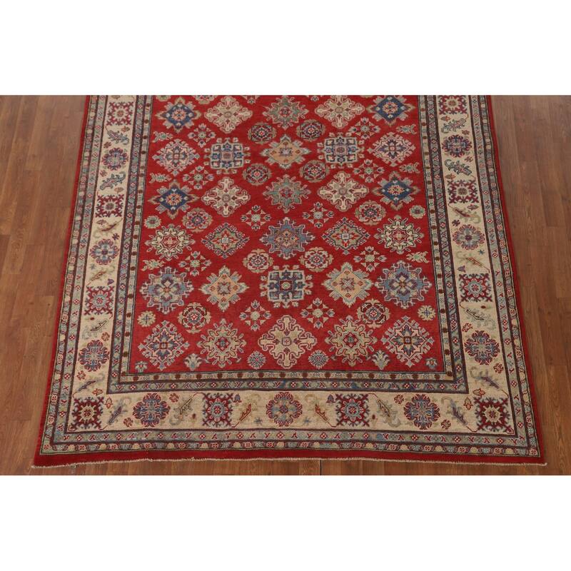 All-Over Geometric Kazak Area Rug Hand-Knotted Wool Carpet - 6'6" x 9'6"
