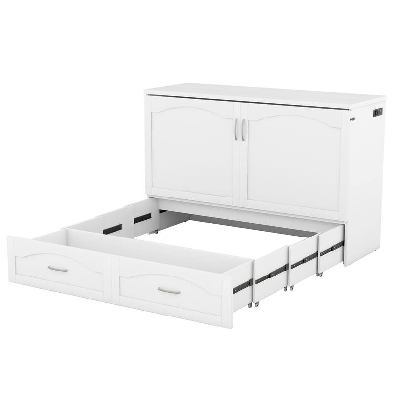 Queen Size Multi-Function Murphy Bed with USB Ports & 2 Drawer, Pulley Structure Design Space-Saving Foldable Wall Bed, White