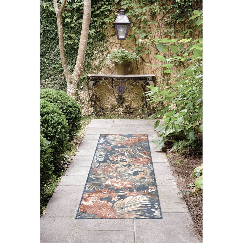 Tropicana Tropical Floral Indoor/Outdoor Area Rug - 2'2'' x 7'3'' - Blue/Light Red