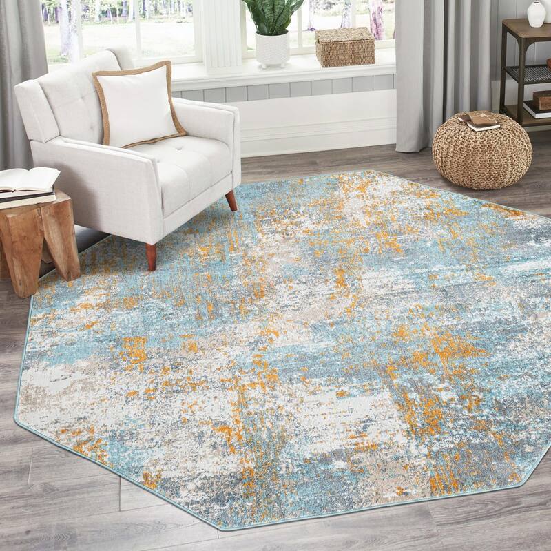 Contemporary Laka Collection Area Rug - Cream Blue - 6'x6' Octagon