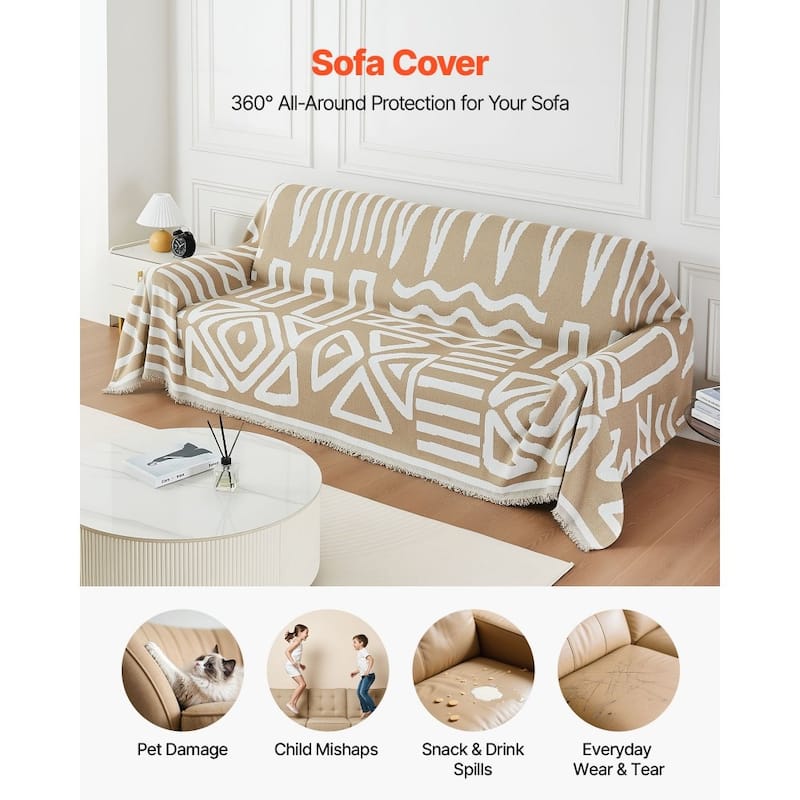 Khaki Jacquard Chenille Sofa Protector 117x71 Inch Full Coverage Couch Throw Blanket - 117.72” x 71.26”