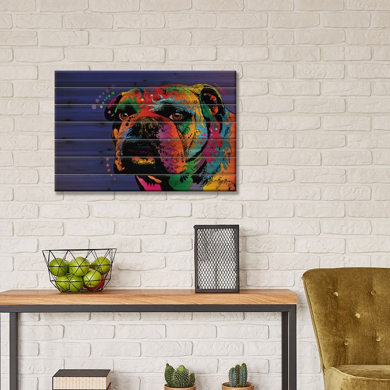 Rainbow Bulldog Print On Wood by Michael Tompsett - Multi-Color