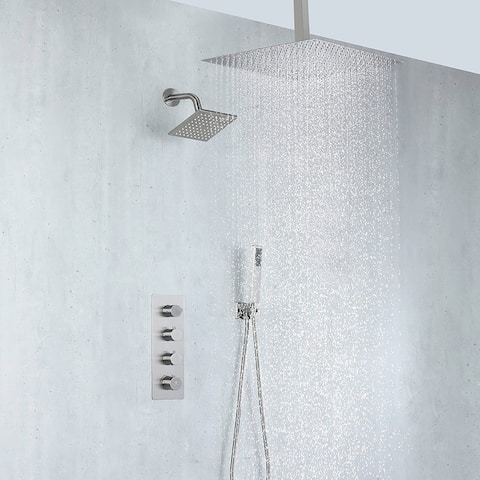 brushed nickel dual shower heads 3 way thermostatic shower system - 7'6" x 10'9"