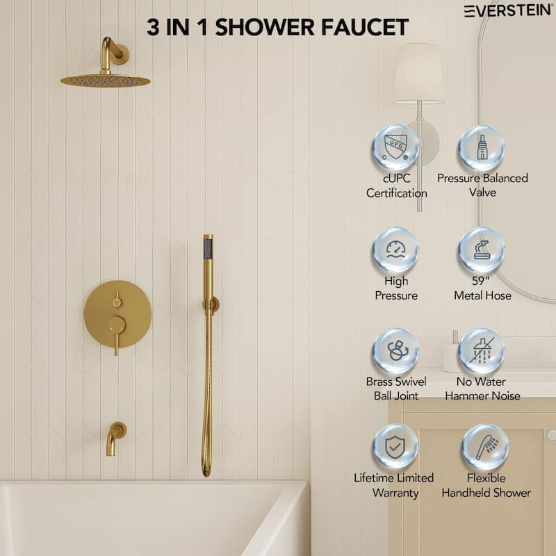 Pressure Balance 3-Functions Shower Head System, 10" Shower Faucet Set with Tub Faucet Spout