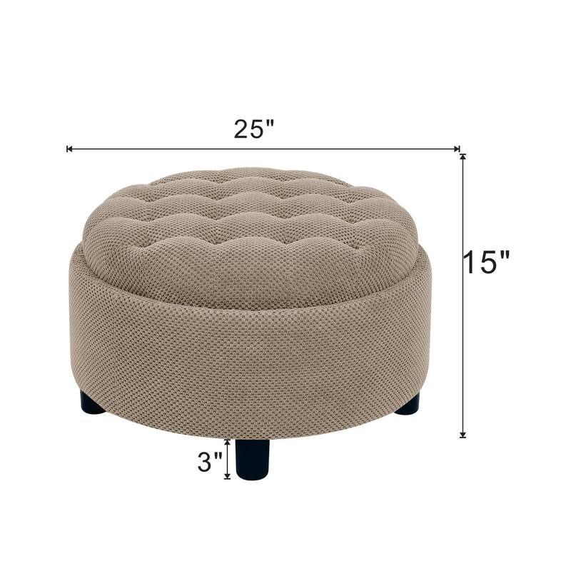 Round Storage Ottoman with Lift-Off Tray and Upholstered Fabric