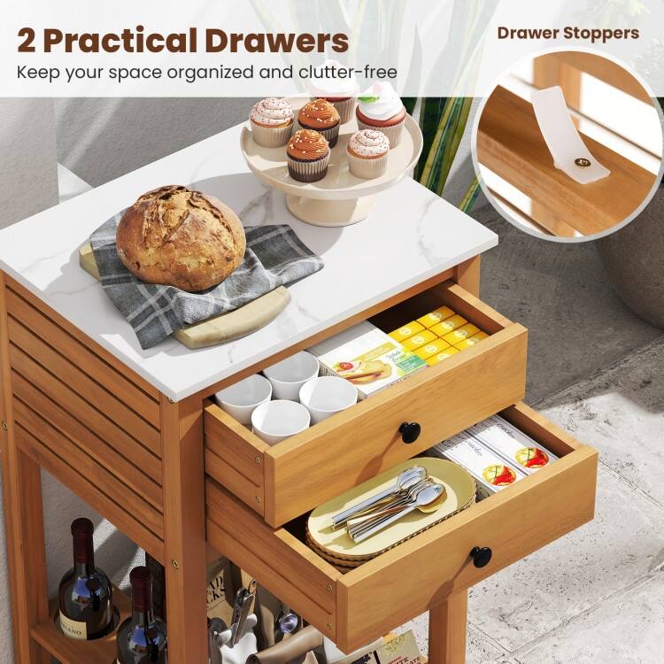 Natural Acacia Wood Resin Outdoor Buffet Cabinet with Faux Marble Top and Storage - 20" x 16" x 36"