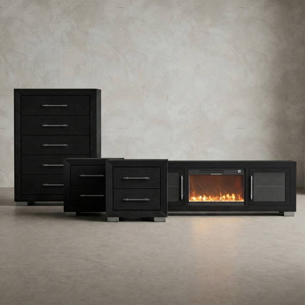Furniture of America Alaric Modern Black Solid Wood 72-inch Fireplace TV Stand, Chest and 2 Nightstands Bedroom Set