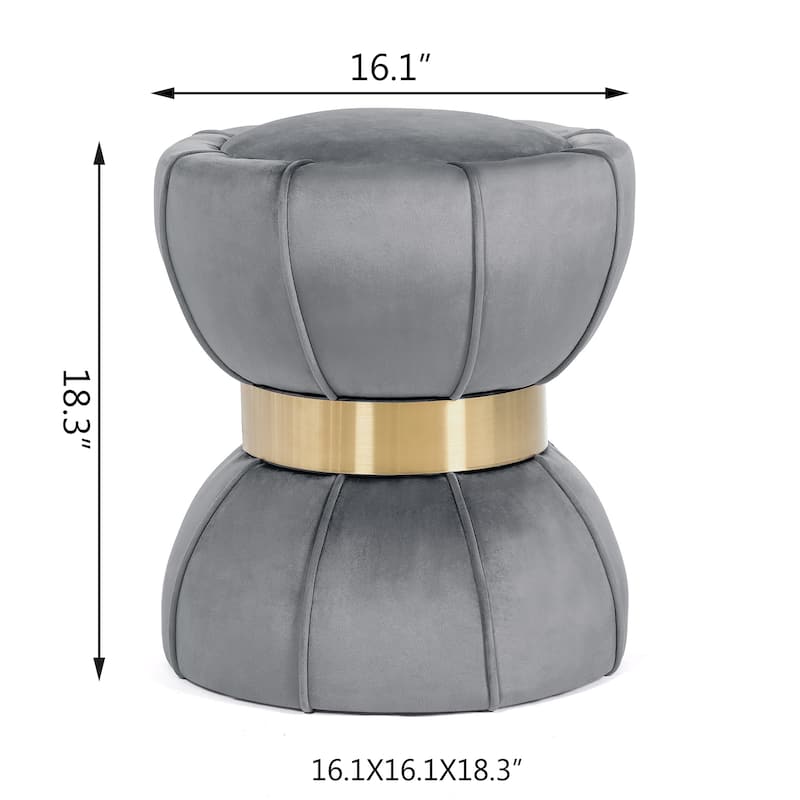 Adeco Modern Velvet Round Ottoman With Gold Metal Band