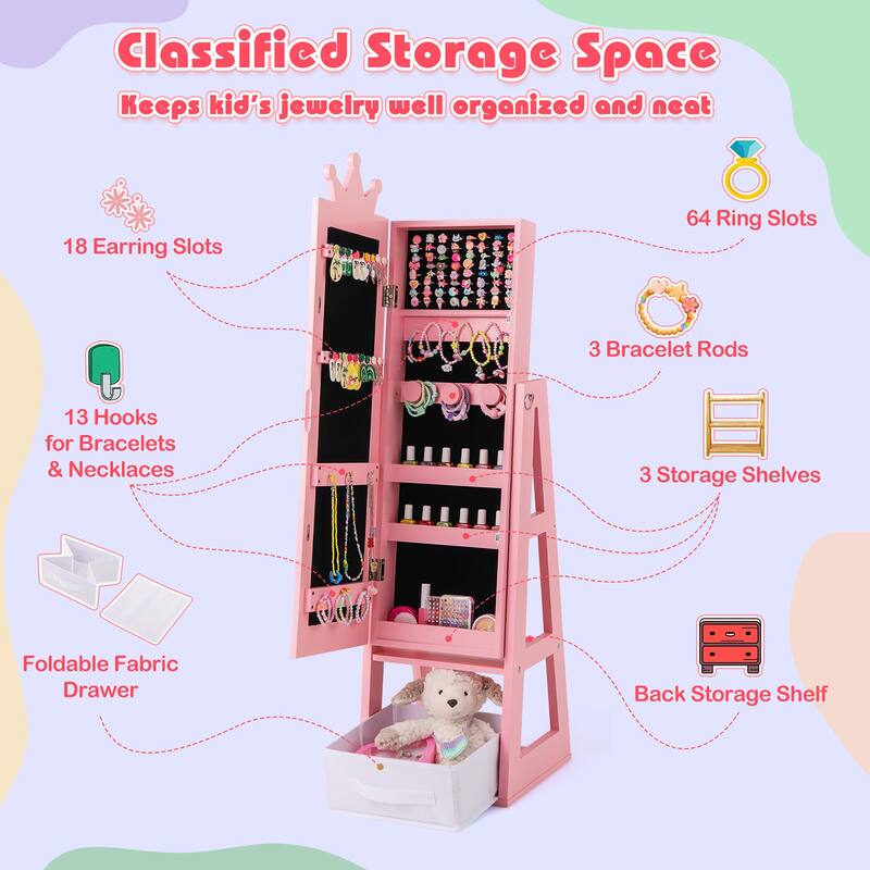 Gymax Kids Jewelry Cabinet w/ Full-Length Mirror Foldable Drawer