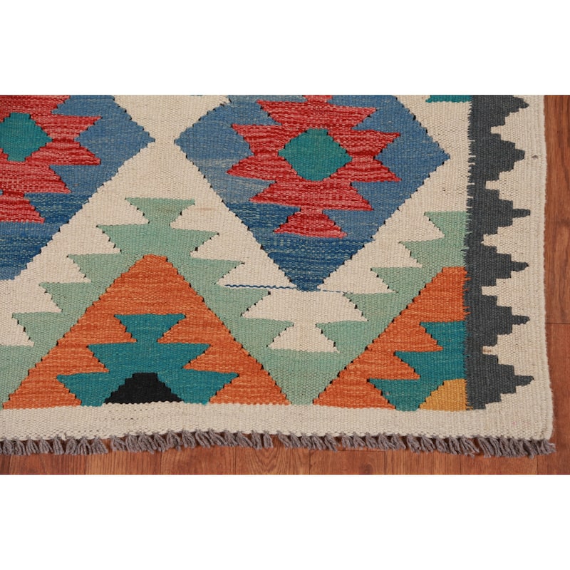 Hand Woven Oriental 100% Wool Carpet Southwestern All-Over Multi-Colored Kilim Runner Rug - 12' 10'' X 2' 9''