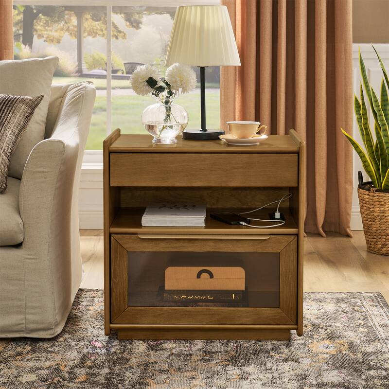 Nightstand with Charging Station and Outlet Hole and 2 Drawers