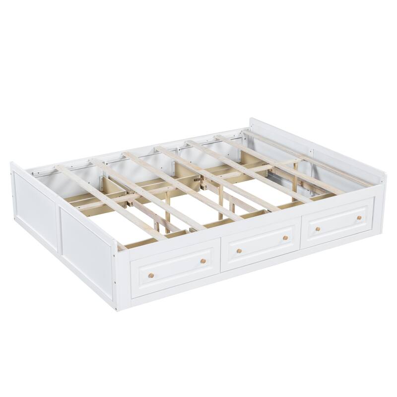 Queen Size Platform Bed Frame with 6 Storage Drawers, White