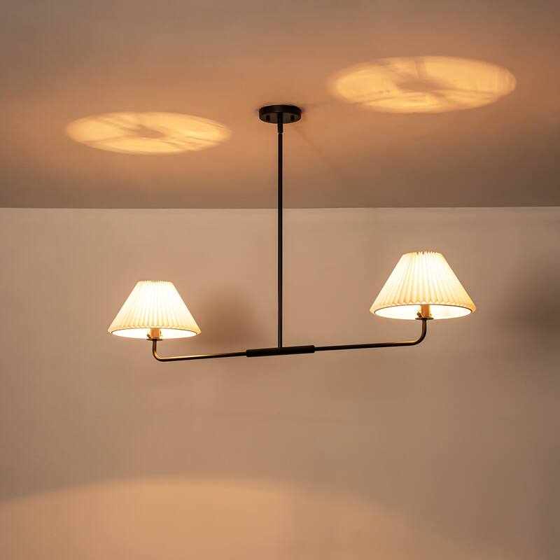 2-Light Modern Gold & Black Linear Pleated Fabric Pendant Kitchen Island Light