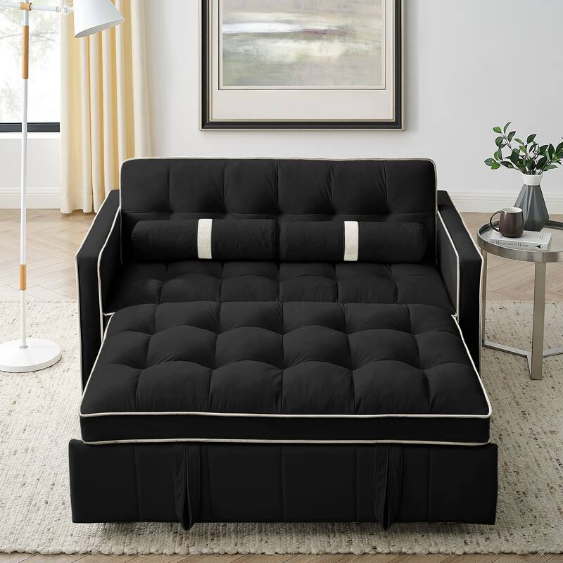 Velvet Sofa Bed with Adjustable Back and Storage Pockets, Multifunctional Sleeper Sofa