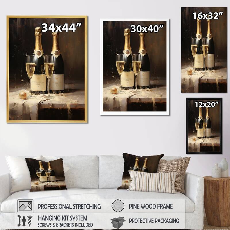 Designart "Cellars Silence Champagne Bottle I" Champagne Framed Canvas Art Print