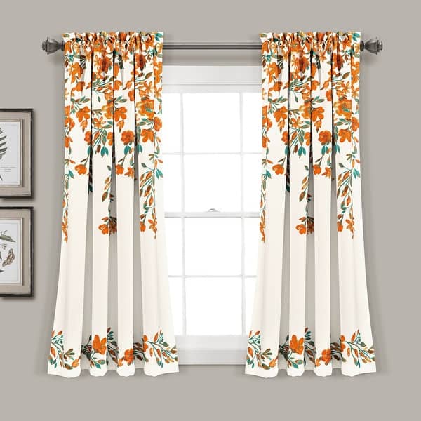 slide 2 of 6, Porch & Den Elcaro Floral Room Darkening Curtain Panel Pair 52"W x 63"L - Tangerine & Turquoise