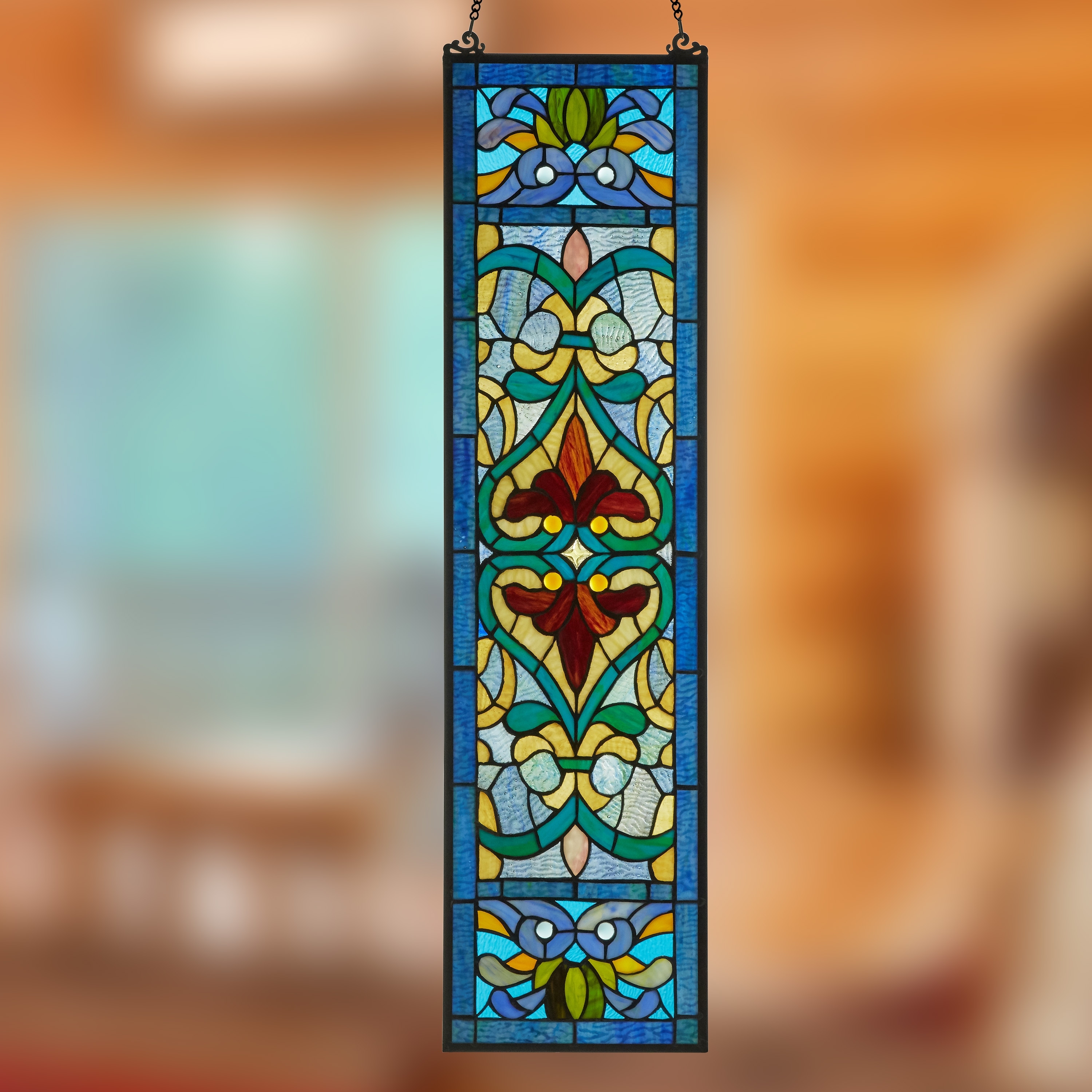 River of Goods Victorian Tiffany-Style Stained Glass Fleur De Lis Window Panel - 9.5"L x 0.25"W x 36"H