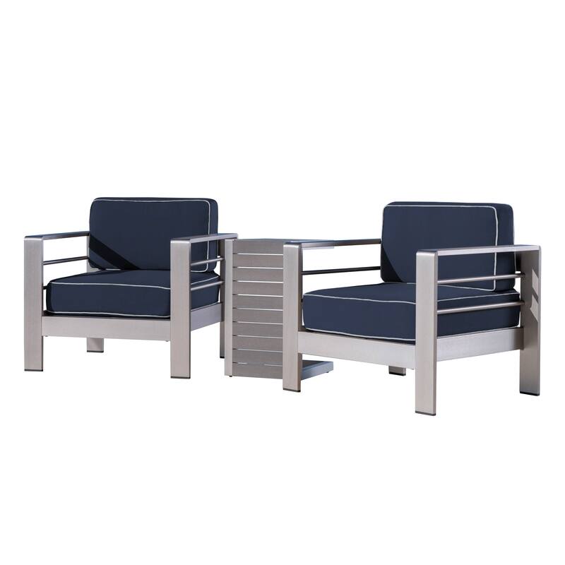 Cape Coral Outdoor Aluminum 3 Piece Chat Set with C Shaped Table by Christopher Knight Home